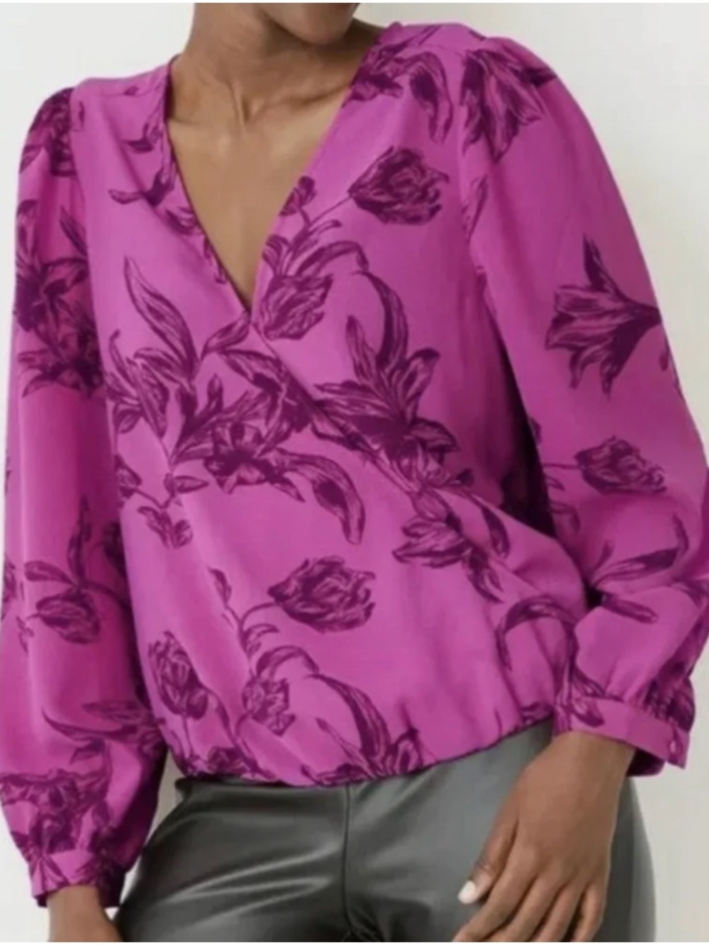 A New Day Women's Purple Floral V-neck Front Wrap Long Sleeve Blouse, size Large